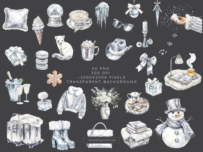 Silver Ice - Cozy Winter Clipart, Modern Holidays, Christmas | 50 PNG