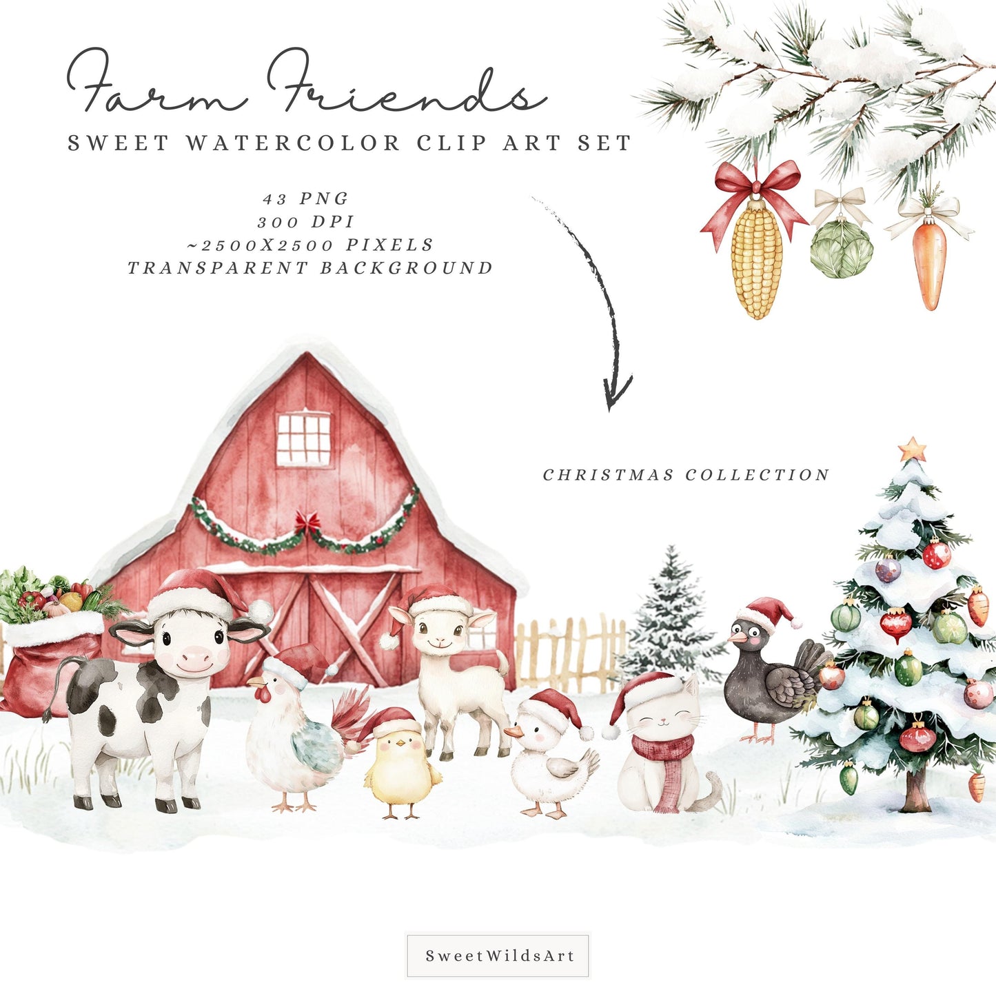 Farm Friends - Cute Xmas Animals, Christmas Babies Clipart, Winter Baby | 43 PNG