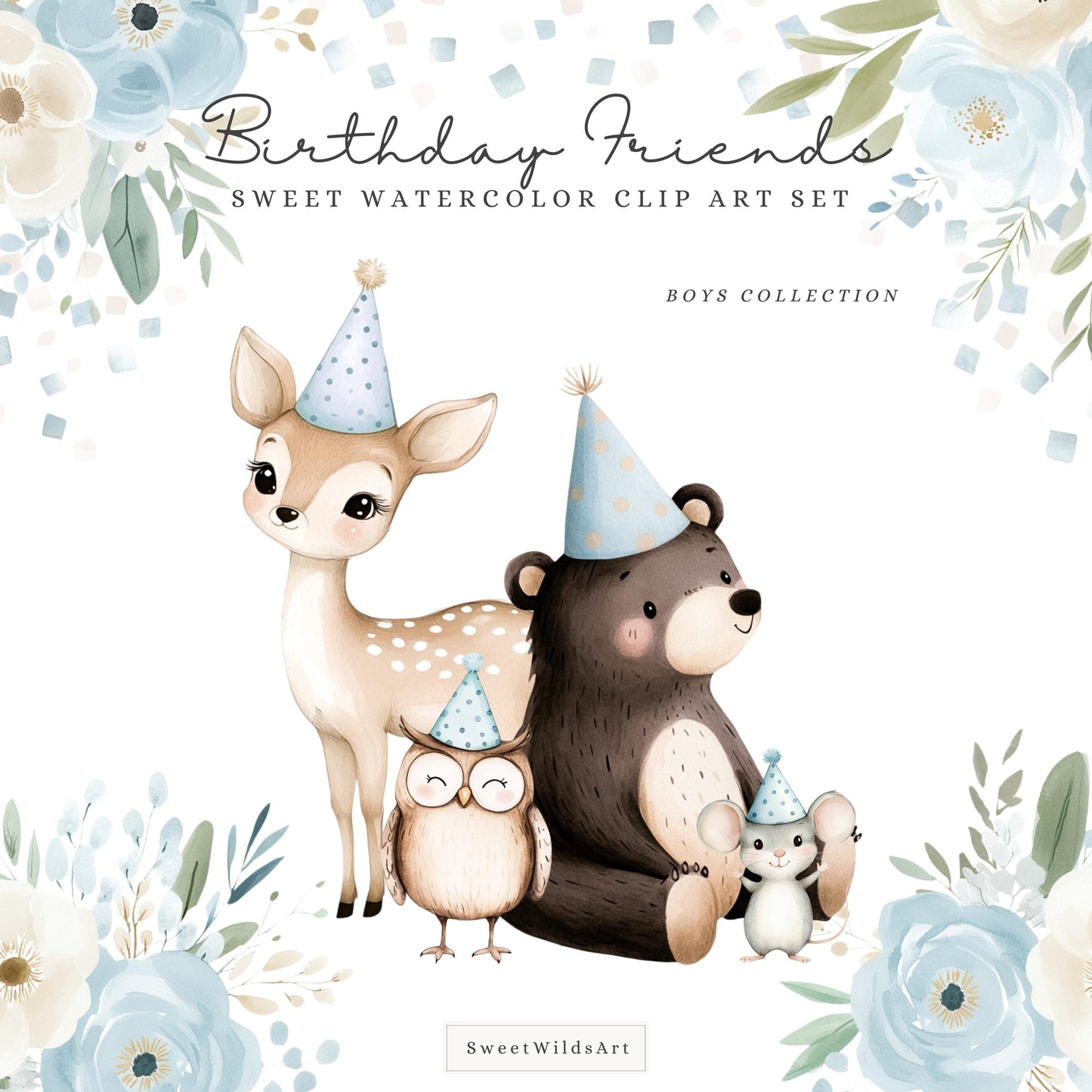 Birthday Friends - Cute Woodland, Baby Animal Clipart, Party, Boy Birthday | 40 PNG
