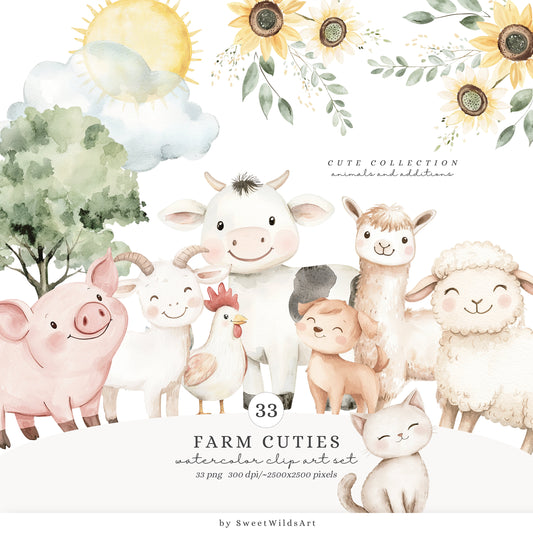 Farm Cuties - Cute Farm Clipart, Cottage Animals , Cow, Pig, Sheep, Pony, Duck | 33 PNG