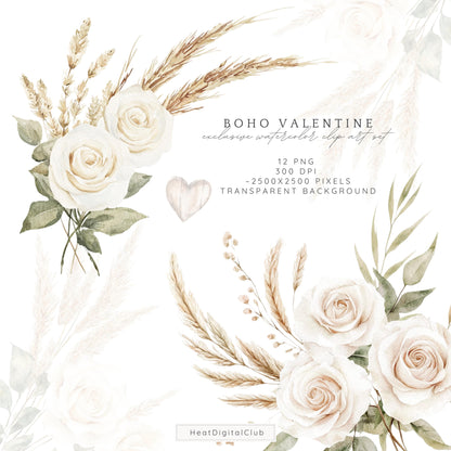 Boho Valentine - Floral Arrangements Clipart, White Roses, Rustic Rose | 12 PNG