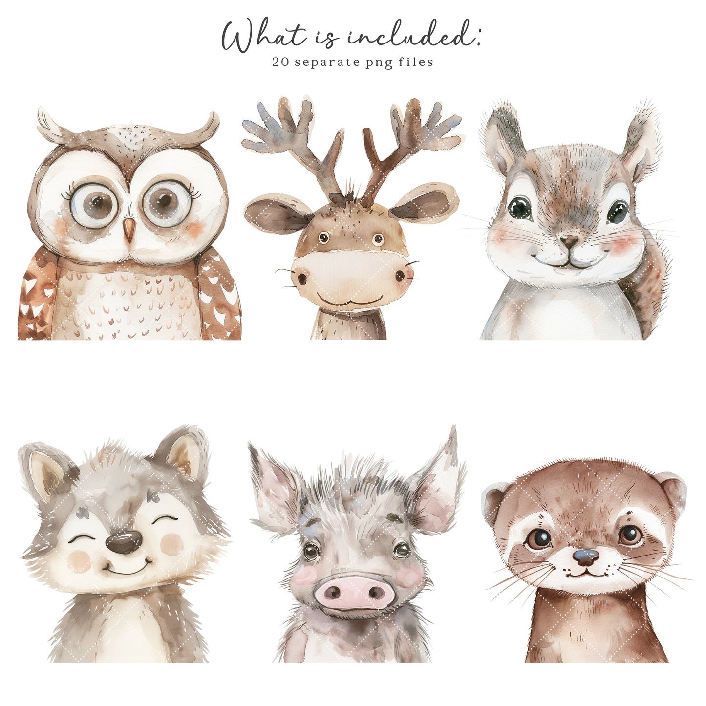 Woodland Portraits - Cute Animals Clipart, Baby Shower, Nursery, Boho Forest | 20 PNG
