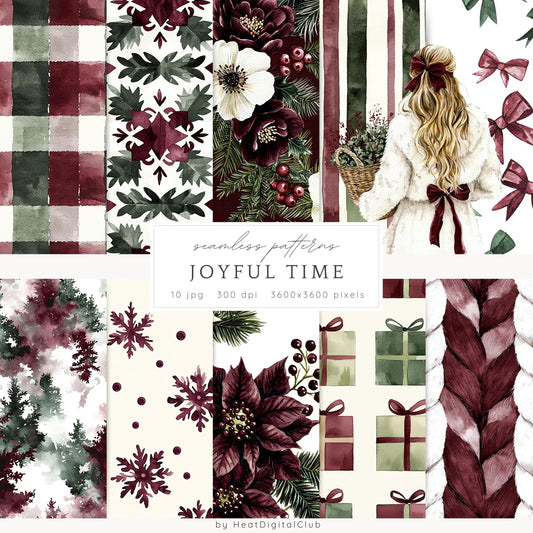Joyful Time - Seamless Patterns, Winter Rustic, Snowflakes | 10 JPEG