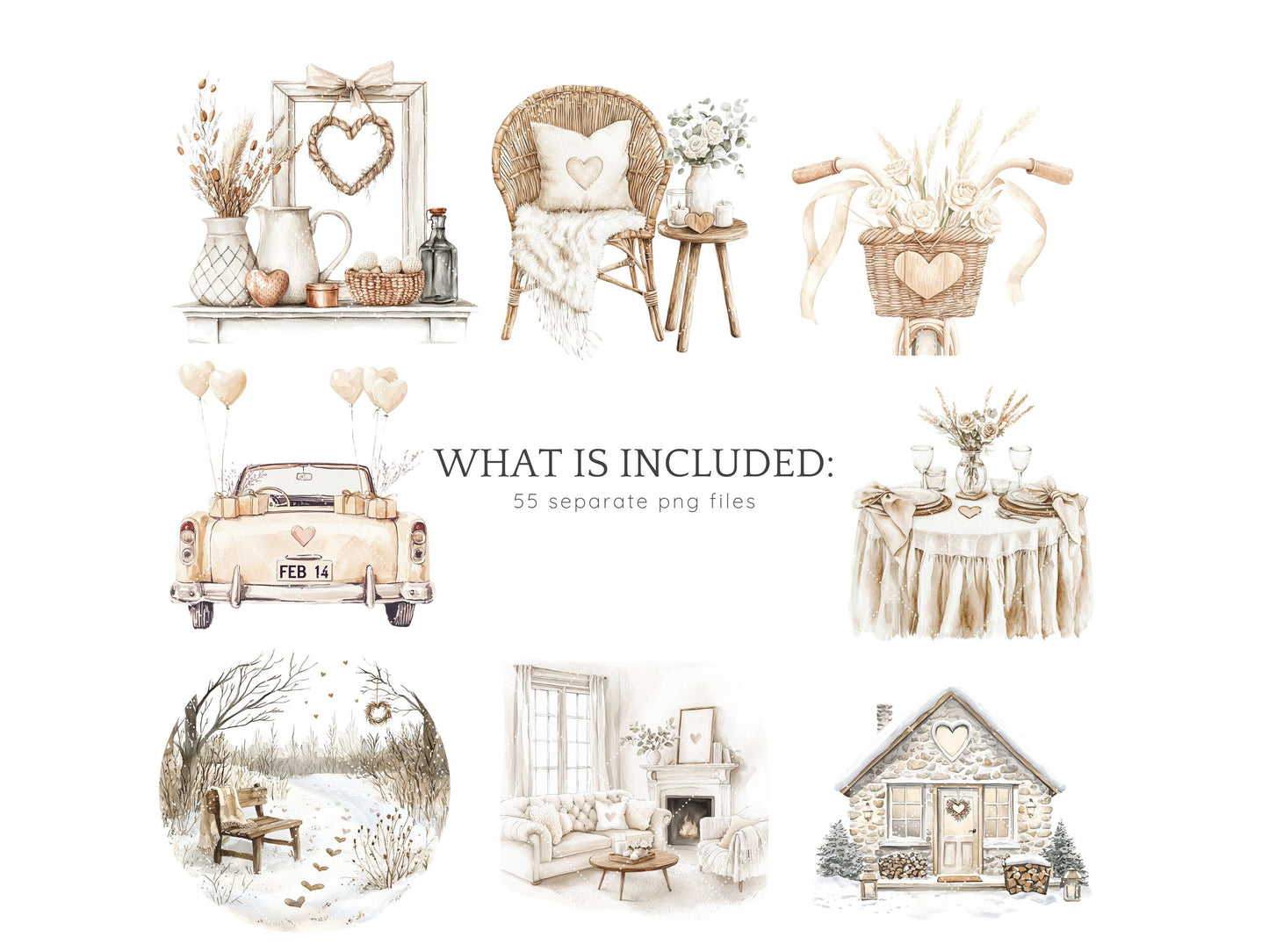 Boho Valentine - Romantic Clipart, Rustic Love | 55 PNG
