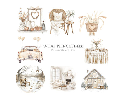 Boho Valentine - Romantic Clipart, Rustic Love | 55 PNG