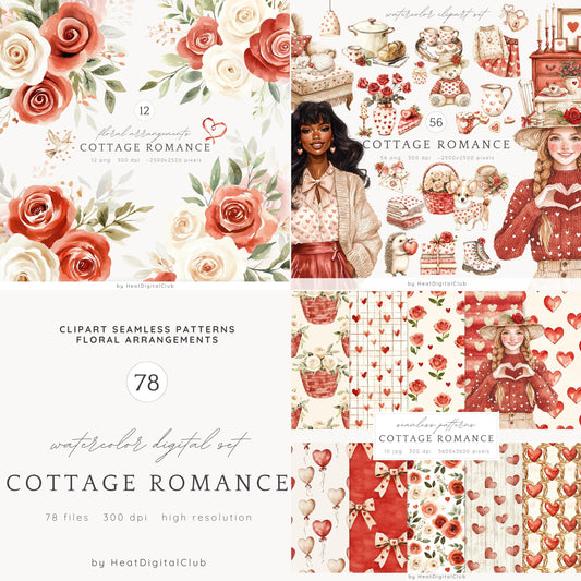 Cottage Romance - Collection Bundle, Valentines Day, Romantic | 78 PNG/JPEG