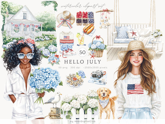 Hello July - Independence Day Clipart, 4th of July, Patriotic | 50 PNG