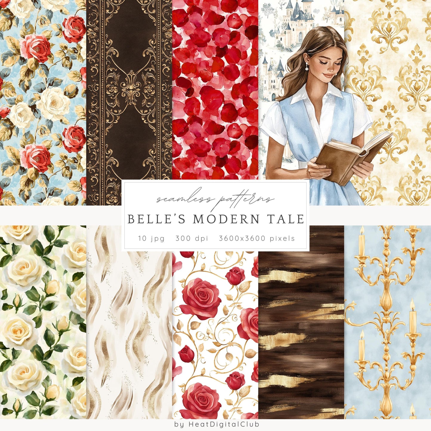 Belle's Modern Tale - Seamless Fantasy Pattern,Roses | 10 JPEG