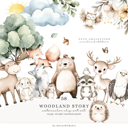 Woodland Story - Cute  Baby Animal Clipart, Baby Shower, Nursery | 58 PNG
