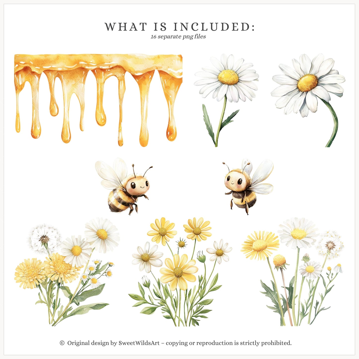 Honey Garden - Floral Arrangements, Daisies, Dandelions, Bees and Honey | 16 PNG