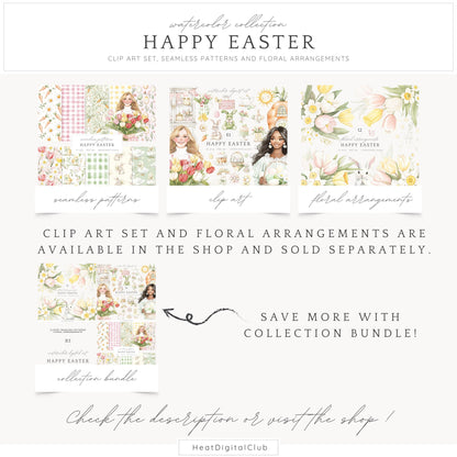 Happy Easter - Seamless Patterns, Gingham Plaid, Flowers, Bunnies | 10 JPEG