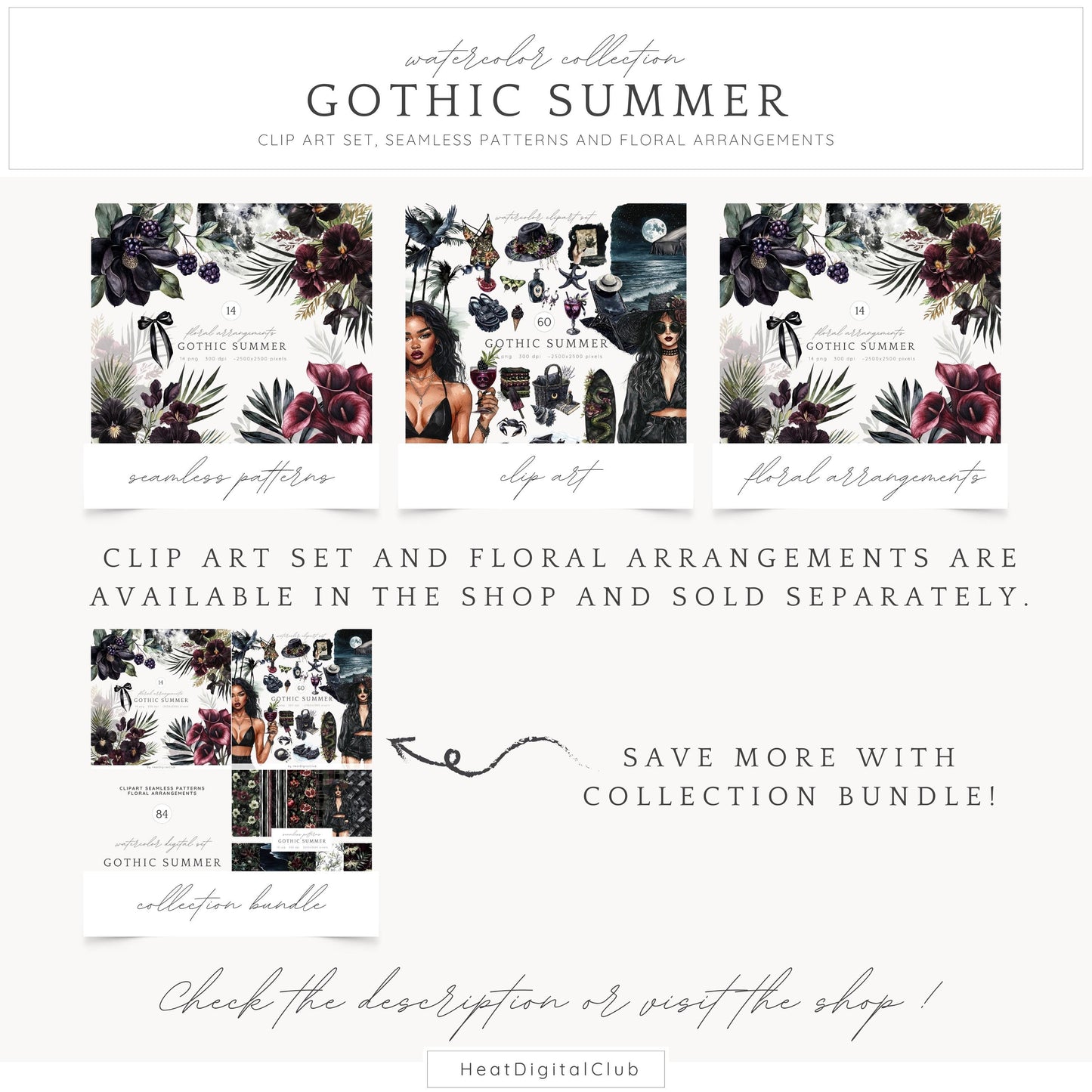 Gothic Summer - Seamless Patterns, Dark Beach, Goth Floral | 10 JPEG