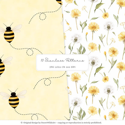 Honey Garden - Seamless Patterns, Bees, Honeycombs, Gingham | 10 JPEG