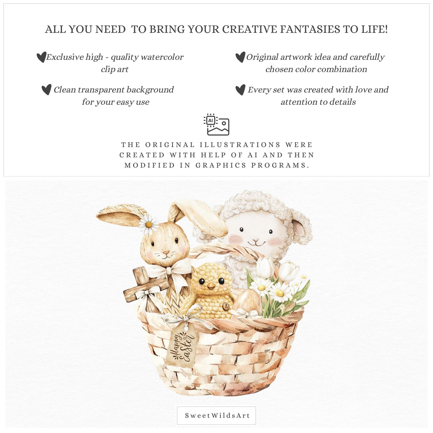 Natural Easter - Cute Easter Clipart, Bunny, Chick, Sheep, Egg, Floral | 43 PNG