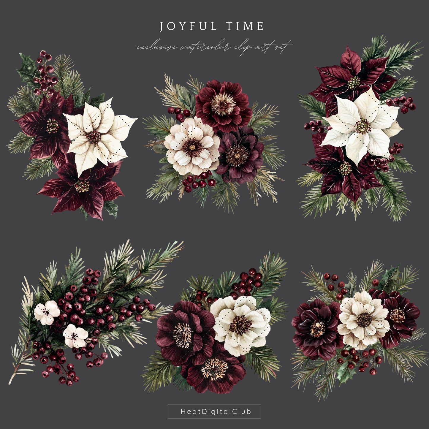 Joyful Time - Winter Floral Arrangement, Cozy Christmas Clipart Bundle | 12 PNG