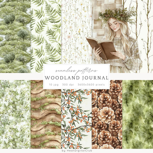Woodland Journal - Seamless Patterns, Floral Rustic, Cottagecore | 10 JPEG
