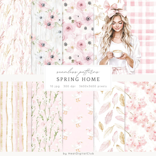 Spring Home - Seamless Patterns, Floral, Pink, Spring | 10 JPEG
