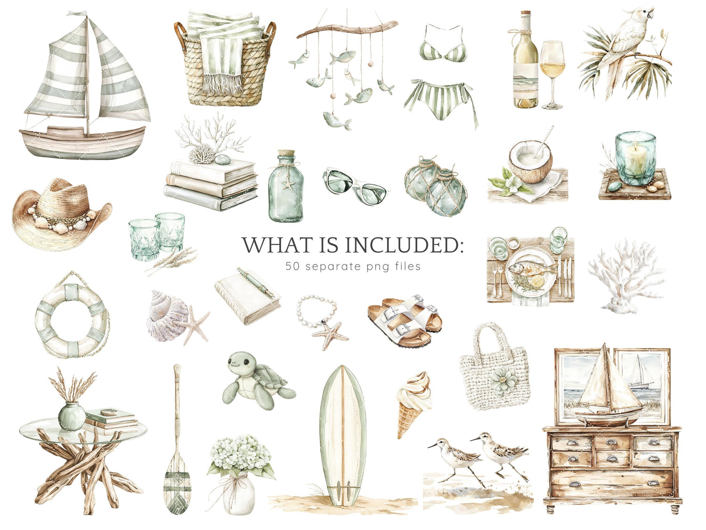 Coastal Serenity - Beach Time Clipart, Neutral Summer | 50 PNG