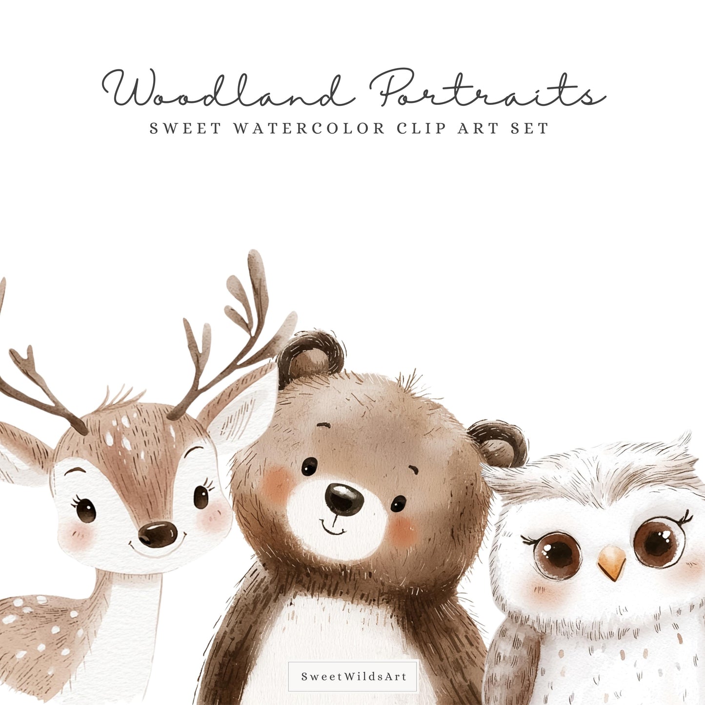 Woodland Portraits - Cute Animals Clipart, Baby Shower, Nursery, Boho Forest | 18 PNG