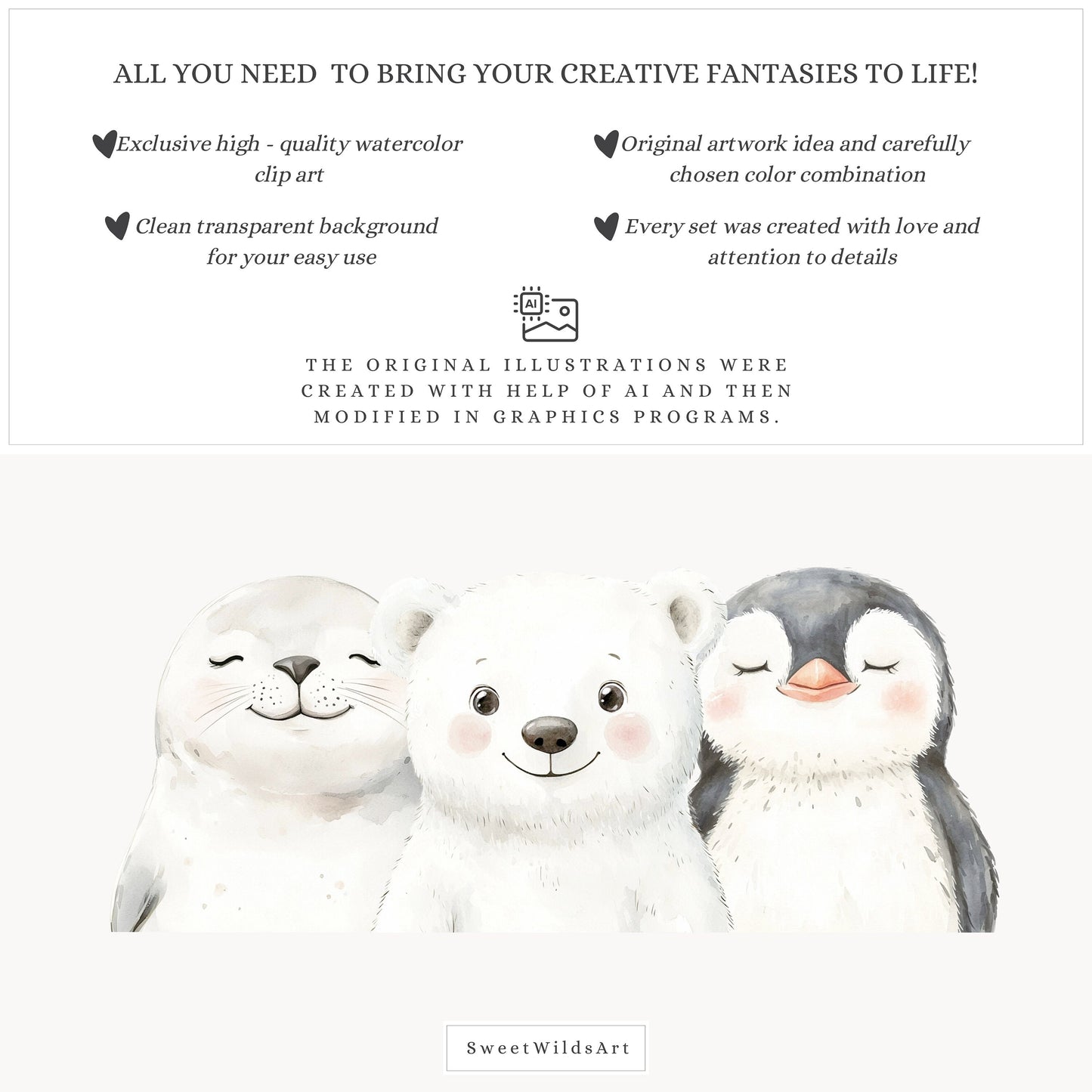 Arctic Portraits - Cute Animals Clipart, Winter Baby Shower, Polar Nursery | 20 PNG