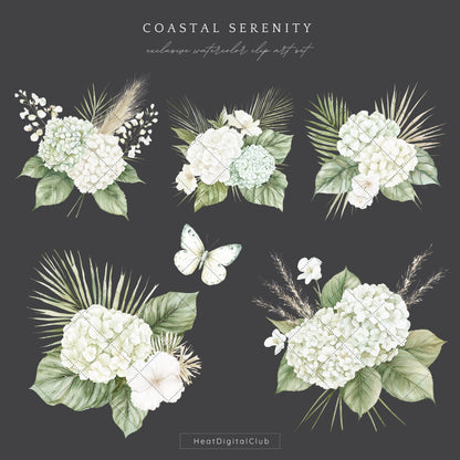 Coastal Serenity - Floral Arrangements, Botanical Clipart | 12 PNG