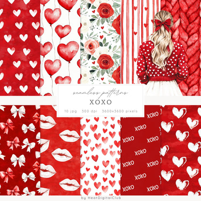 XOXO - Valentines Day Seamless Patterns, Romantic Love | 10 JPEG