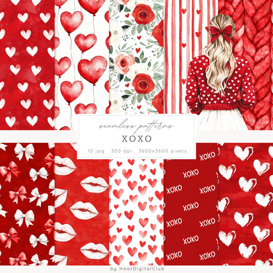 XOXO - Valentines Day Seamless Patterns, Romantic Love | 10 JPEG