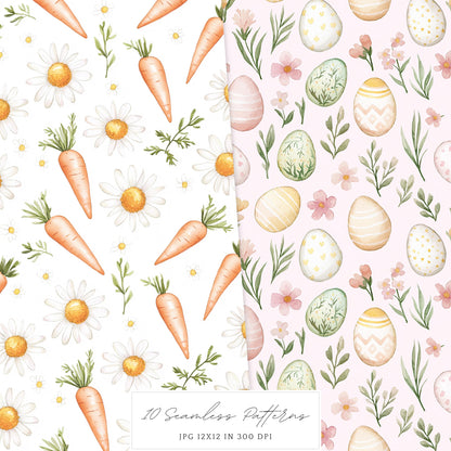 Happy Easter - Seamless Patterns, Gingham Plaid, Flowers, Bunnies | 10 JPEG
