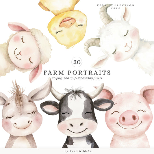 Farm Portraits - Cute Animals Clipart, Baby Shower, Farm Nursery,  Cottagecore | 20 PNG