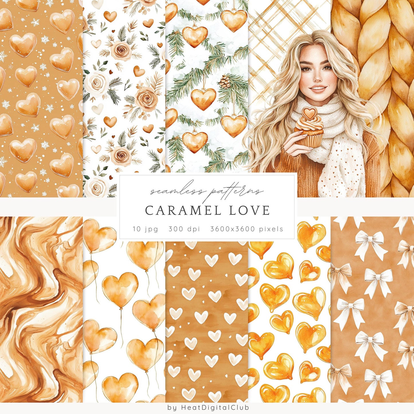 Caramel Love - Valentines Day Seamless Patterns, Romantic | 10 JPEG