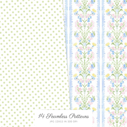 Grandmillennial - Seamless Patterns, Set 2, Pastel Floral, Stripes, Plaid, Glitter | 14 JPEG