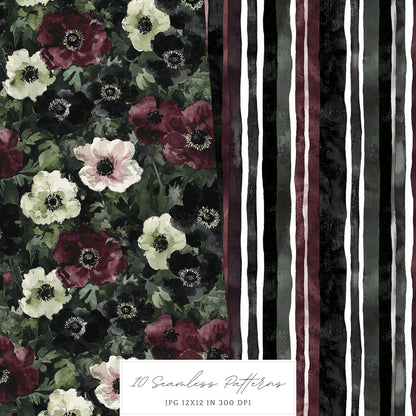 Gothic Summer - Seamless Patterns, Dark Beach, Goth Floral | 10 JPEG