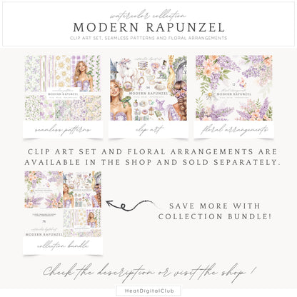 Modern Rapunzel - Seamless Patterns, Fantasy,  Flowers | 10 JPEG