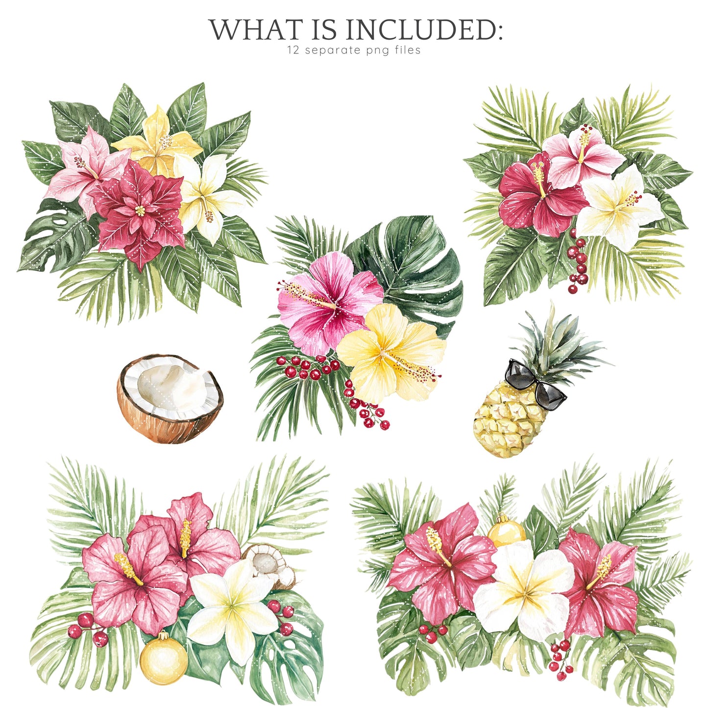 Hula Holidays - Floral Arrangement, Hawaiian Christmas Clipart, Winter | 12 PNG