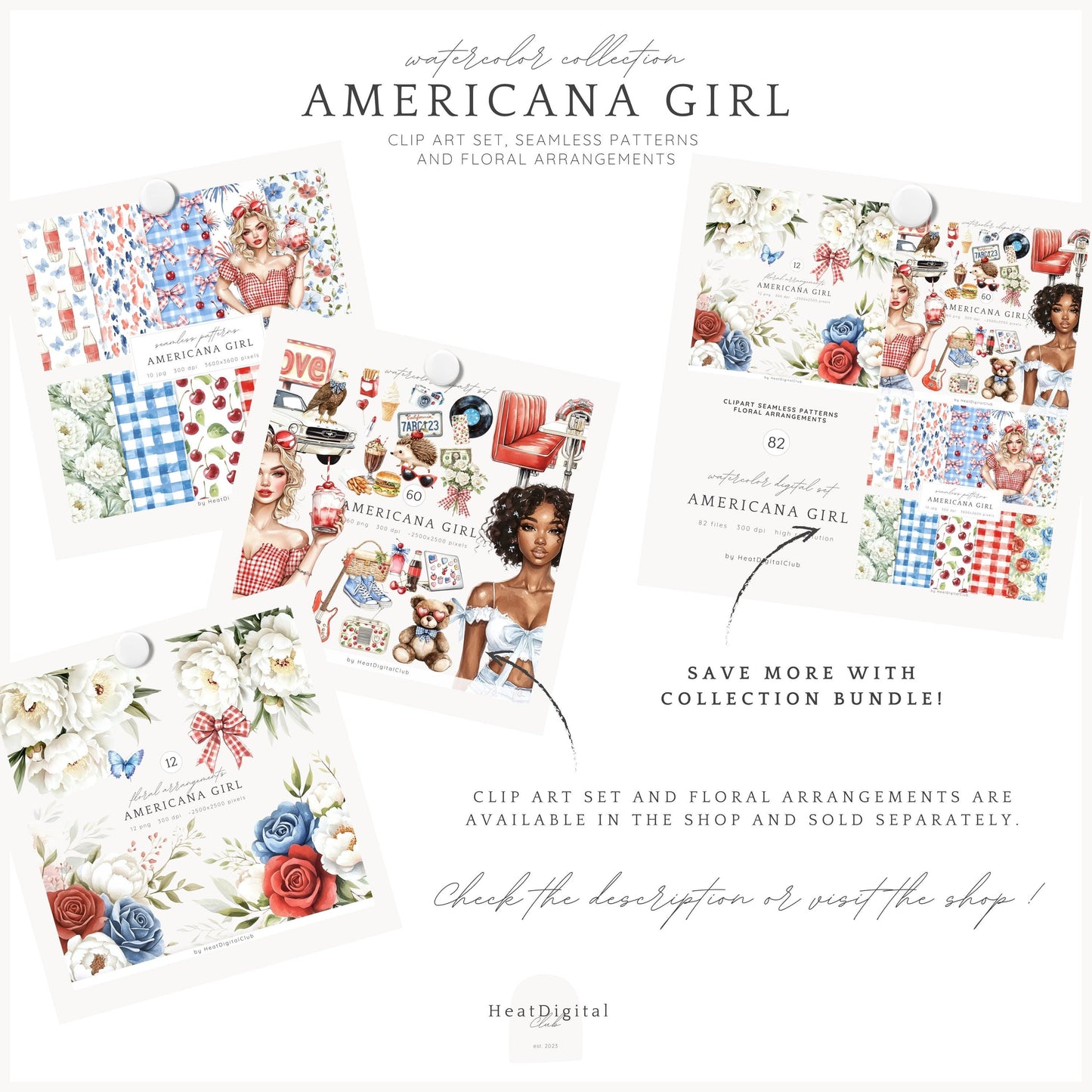 Americana Girl – Seamless Patterns, Gingham, Cherries, Florals | 10 JPG
