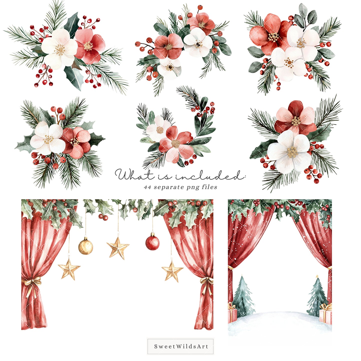 Holiday Ballerina - Cute Xmas Ballet, Christmas Flowers Clipart, Winter Ballerina | 44 PNG