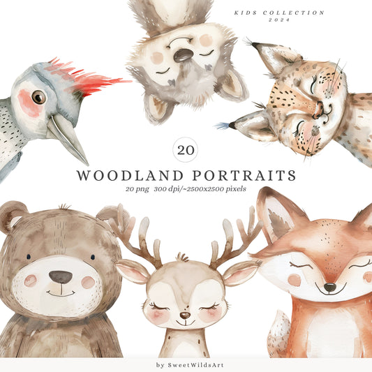 Woodland Portraits - Cute Animals Clipart, Baby Shower, Nursery, Boho Forest | 20 PNG