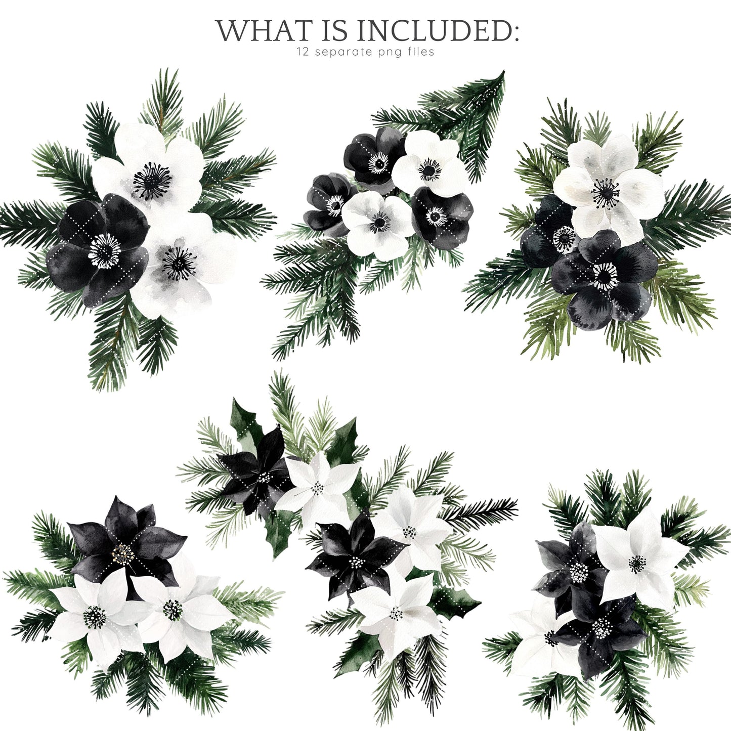Black and White Holidays - Winter Floral Arrangement Clipart, Cozy Christmas | 12 PNG