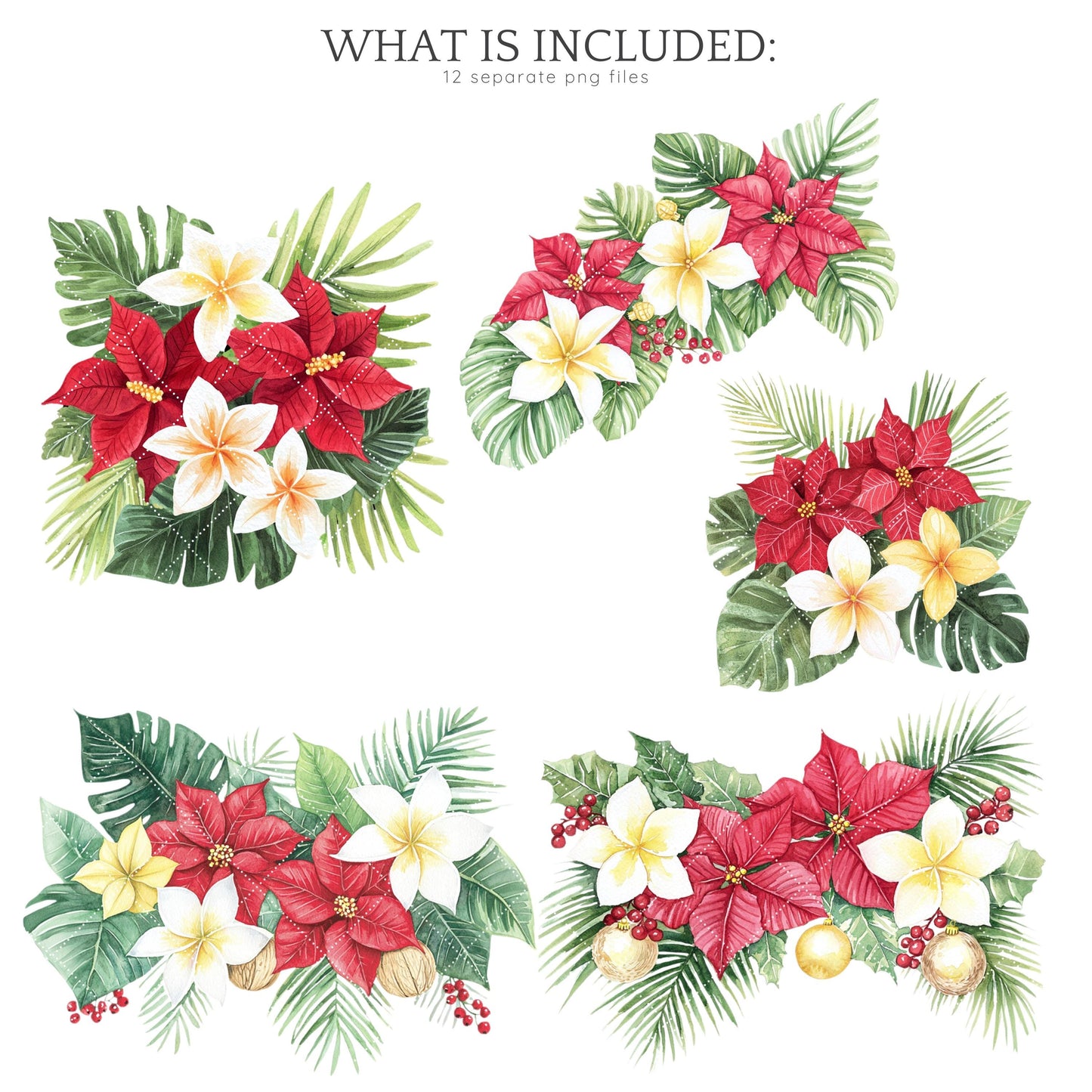 Hula Holidays - Floral Arrangement, Hawaiian Christmas Clipart, Winter | 12 PNG