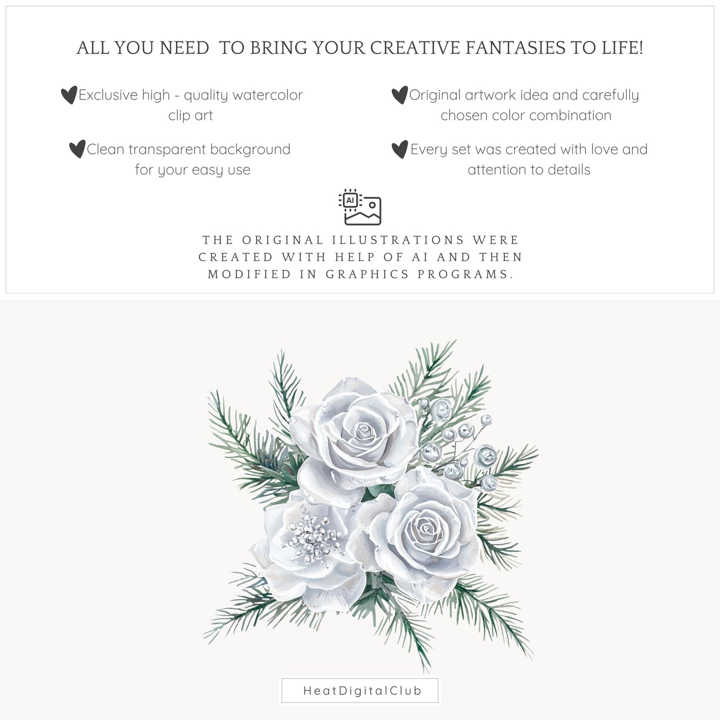 Silver Ice - Floral Arrangement, Cozy Winter Roses Clipart, Christmas | 12 PNG