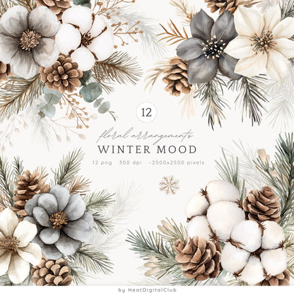 Winter Mood - Floral Arrangement, Cozy Clipart, Flowers, Poinsettia | 12 PNG