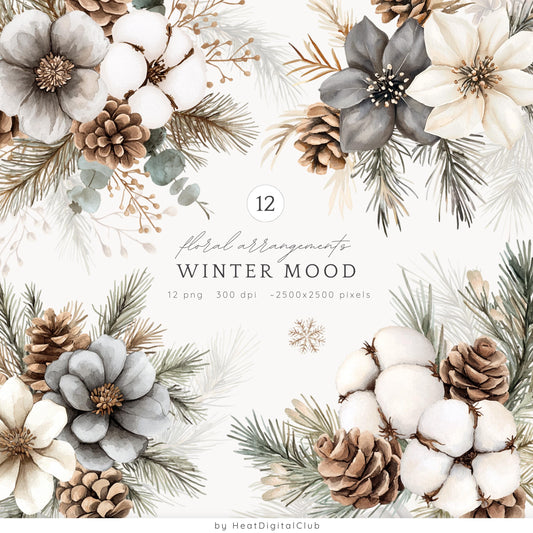 Winter Mood - Floral Arrangement, Cozy Clipart, Flowers, Poinsettia | 12 PNG