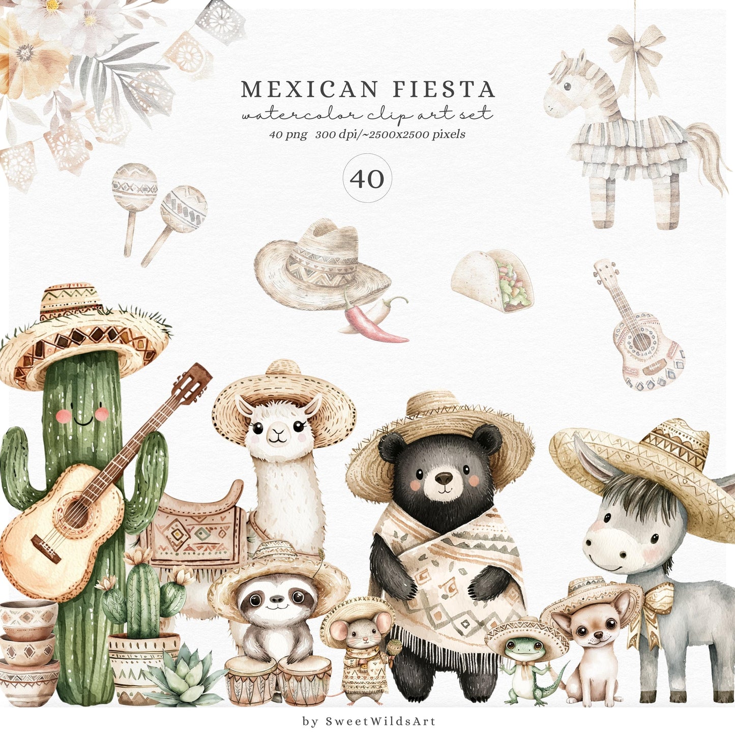 Mexican Fiesta - Cute Cinco de Mayo Clipart, Baby Animals, Taco, Donkey | 40 PNG