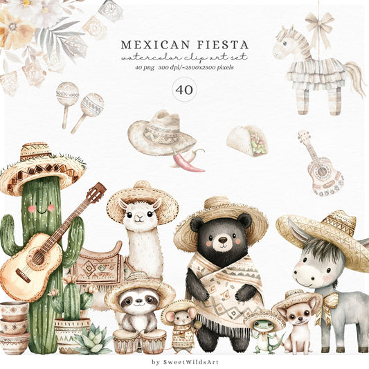 Mexican Fiesta - Cute Cinco de Mayo Clipart, Baby Animals, Taco, Donkey | 40 PNG