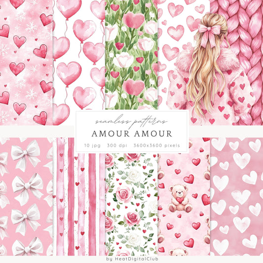 Amour Amour - Valentines Day Seamless Patterns, Love, Romantic | 10 JPEG