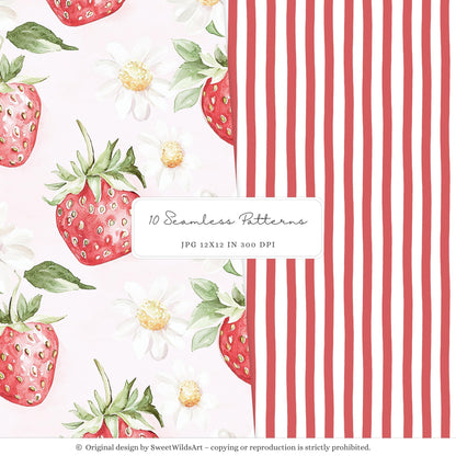 Sweet Strawberry - Seamless Patterns, Berry, Strawberry | 10 JPEG