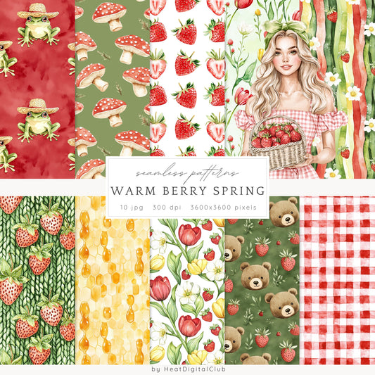 Warm Berry Spring - Seamless Patterns, Floral, Cottage | 10 JPEG