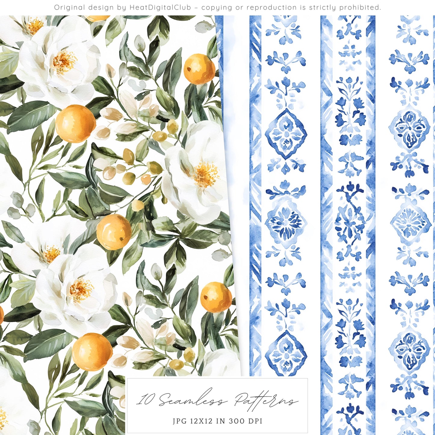 Sicilian Summer - Seamless Patterns, Italian Tile, Floral | 10 JPEG