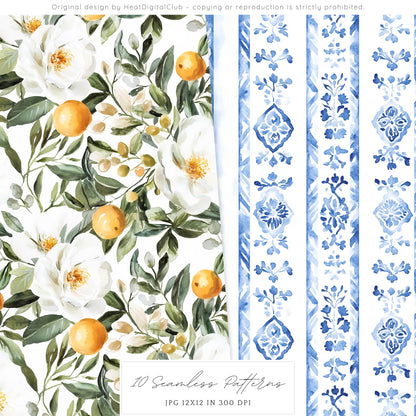 Sicilian Summer - Seamless Patterns, Italian Tile, Floral | 10 JPEG