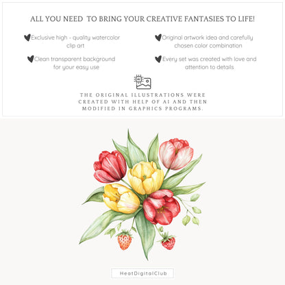 Warm Berry Spring - Floral Arrangements Clipart, Tulips Flowers | 12 PNG